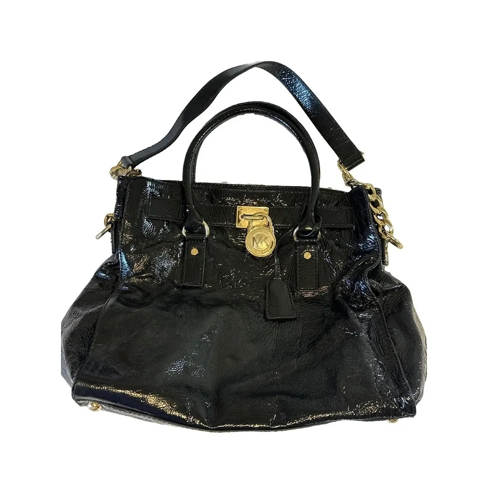 Michael Kors Black Large Satchel Top Handle Lock Chain Strap Gold Hardware